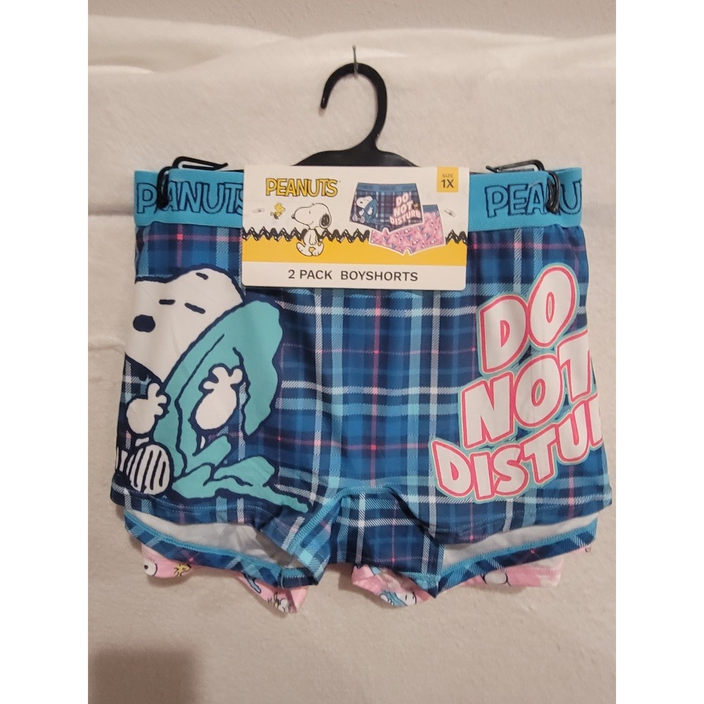 Snoopy Peanuts 2 Pack Boyshorts Women's 1X NWT‎ Blue Plaid "Do Not Disturb" NEW
